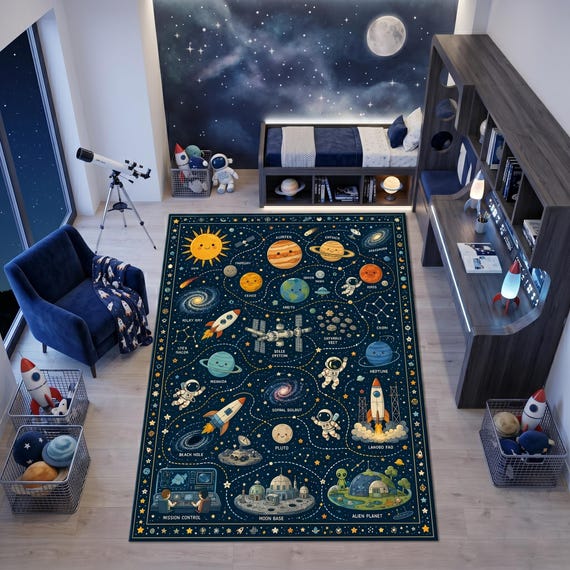 Space Learning Rug, Solar System Kids Carpet, Astronomy Play Mat, Outer Space Nursery Rug, Educational Planet Rug