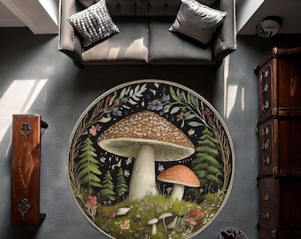 Pilz-Dekor, Waldteppich, Boho-Teppich, Für Wohnzimmer, Teppich, Dekorteppich, Einzigartiges Geschenk, Runder Teppich, rutschfest