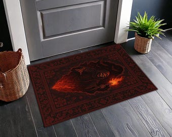 Gothic Reaper Rug with Skull Dead Rug, Dark Red Oriental Border Eug, Halloween or Fantasy Gothic Home Decor Rug