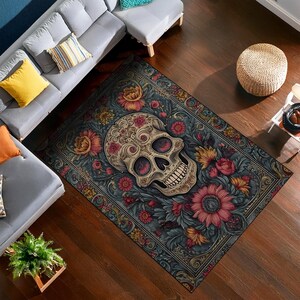 Colorful Skull Rug With Floral Flowers And Vintage Rug Pattern, Gothic Decor Skull Decor, Halloween Decor Indoor, Halloween Home Decor