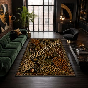 May include: A rectangular area rug featuring a patchwork design of animal prints including leopard spots, zebra stripes, giraffe patterns, and tiger stripes, accented with celestial motifs like moons and stars, and botanical leaf illustrations.