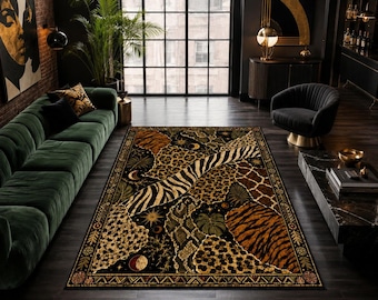 Tappeto con stampa animalier safari, motivo leopardo, zebra e tigre, decorazione con animali selvatici della giungla, tappeto moderno di grande impatto.