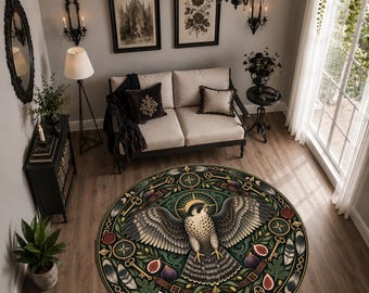 Round Falcon Rug, Dark Academia Bird Decor, Vintage Botanical Circle Carpet, Gothic Maximalist Rug with Keys Figs Feathers, Washable Rug