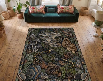 Mushroom Area Rug, Salamander Forest Carpet, Dark Botanical Woodland Rug, Cottagecore Maximalist Decor, Washable Nature Inspired Floor Art