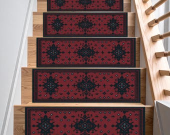 Red Stair Treads – Washable Non-Slip Carpet Mats with Traditional Turkish Pattern for Rustic, Ethnic, or Boho Style Interiors