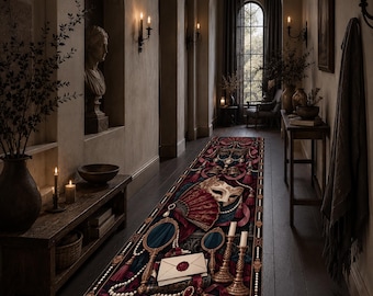 Masquerade Runner Rug, Venetian Mask Gothic Hallway Carpet, Burgundy Victorian Dark Academia Runner, Washable Maximalist Long Narrow Rug