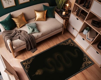 Golden Serpent Baroque Rug – Black and Gold Snake Carpet with Ornate Frame, Gothic Luxury Rug for Modern and Vintage Home Decoration