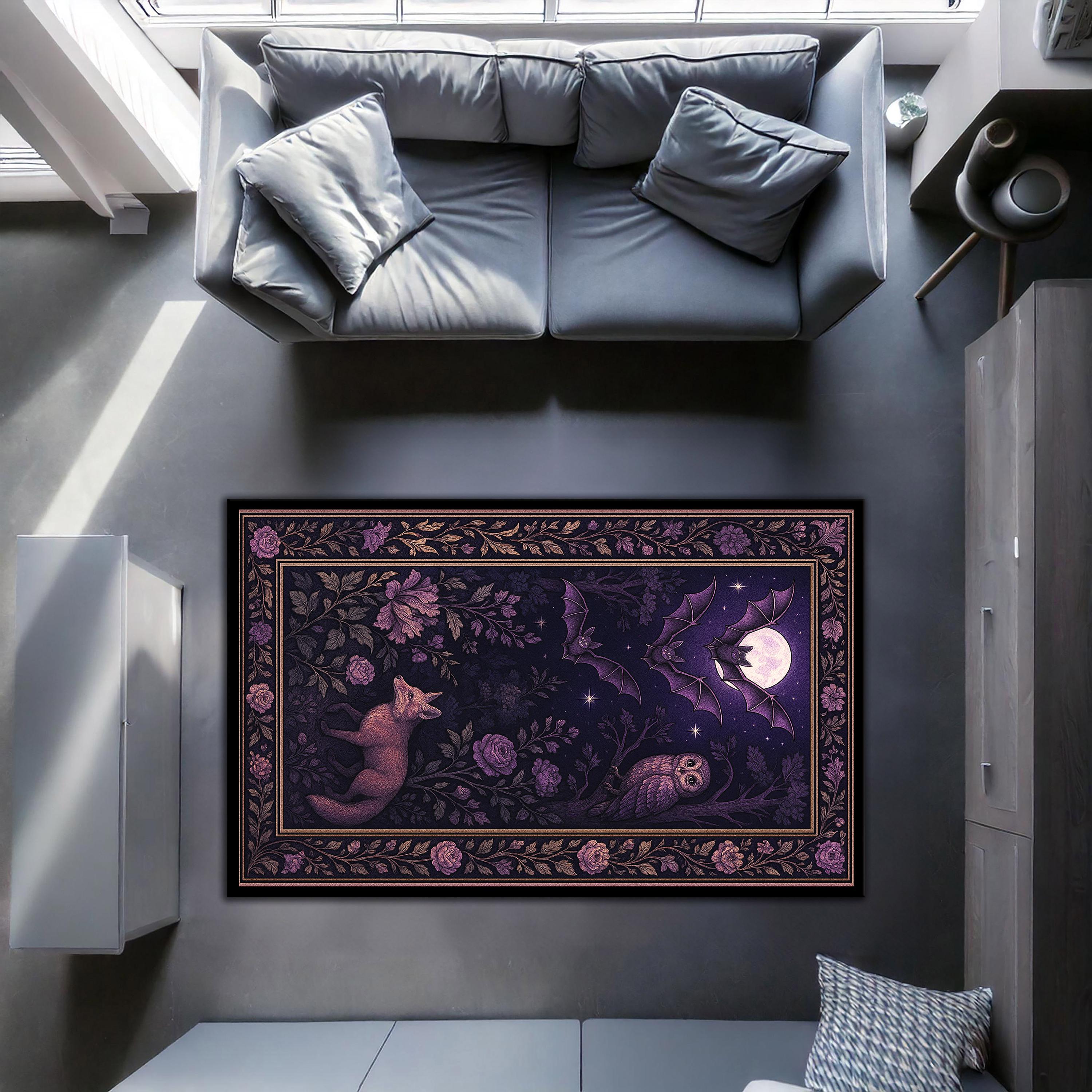 Enchanted Rug Enchanted Forest Rug – Gothic Night Fox Owl Bat Rug, Purple Witchy Moon ...