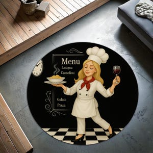 Alfombra redonda de chef: una cocinera con vino y pasta sobre un fondo de menú, perfecta para restaurantes italianos o amantes de la cocina casera.