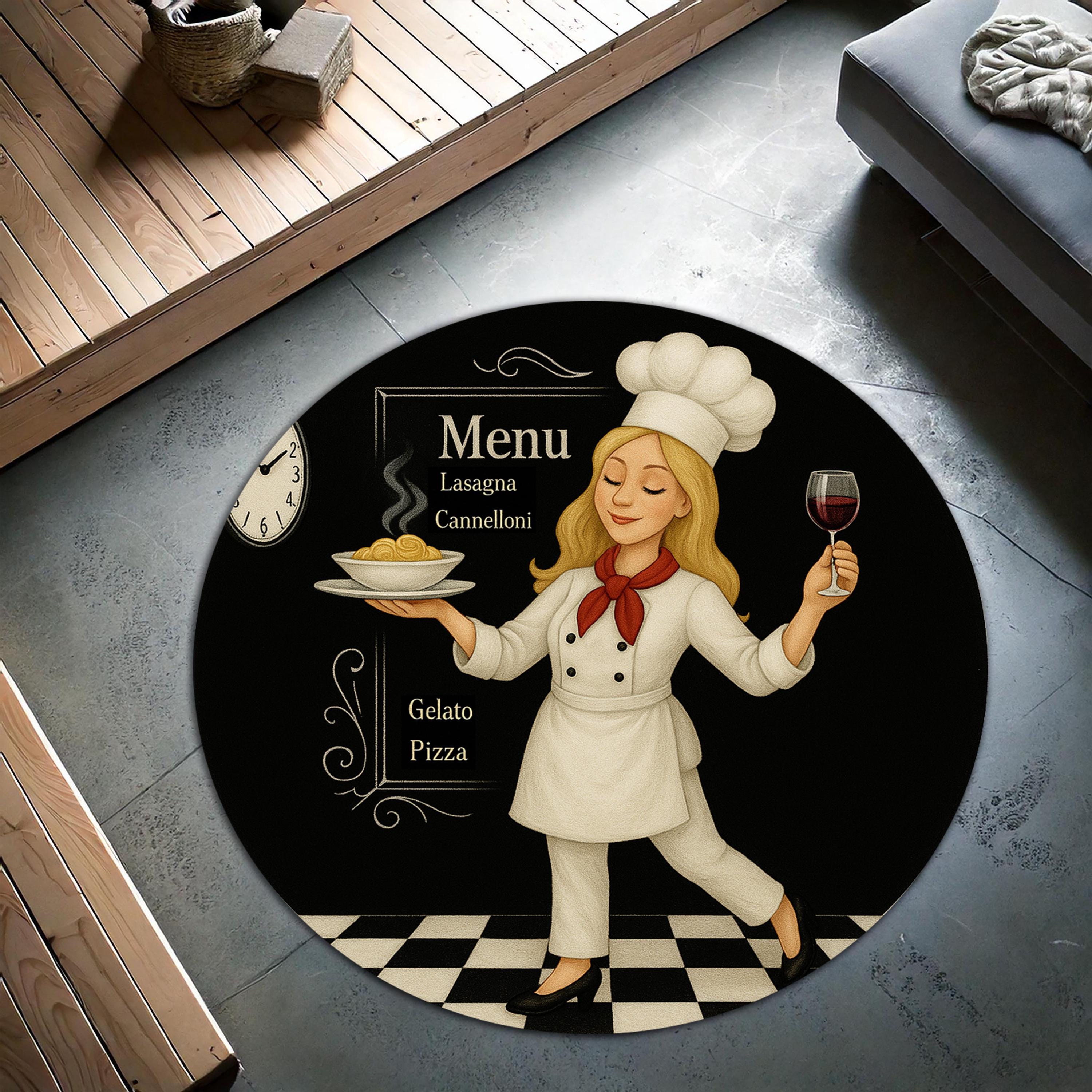 Pasta Rug Chef Kitchen Round Rug – Cute Female Cook Holding Wine and Pasta on ...