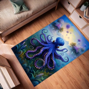 Tapis fleurs pieuvres, tapis animal marin UncerSea, décoration d&#39;intérieur animal sauvage, tapis coloré avec art pieuvre, tapis pieuvre