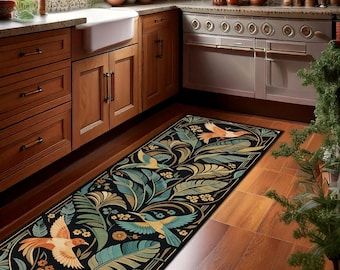 Art Deco Bird Runner Rug Elegant Botanical Design, Luxury Gold Green Pattern Hallway Rug, Modern Decorative Carpet