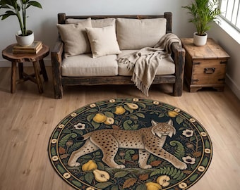 Round Lynx Rug, Botanical Woodland Circle Carpet, Vintage Quince Animal Decor, Dark Academia Maximalist Rug, Washable Forest Floor Statement