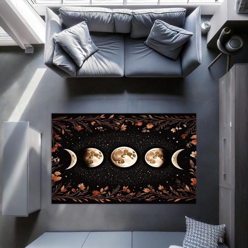 Moon Face Rug Mystic Moon Phase Rug, Floral Theme Rug, Moon Pattern Rug, Night Rug ...