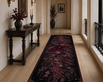 Burgundy Floral Burst Runner Rug, Dark Romantic Botanical Hallway Rug, Moody Gothic Flower Runner, Maximalist Home Decor, Statement Runner