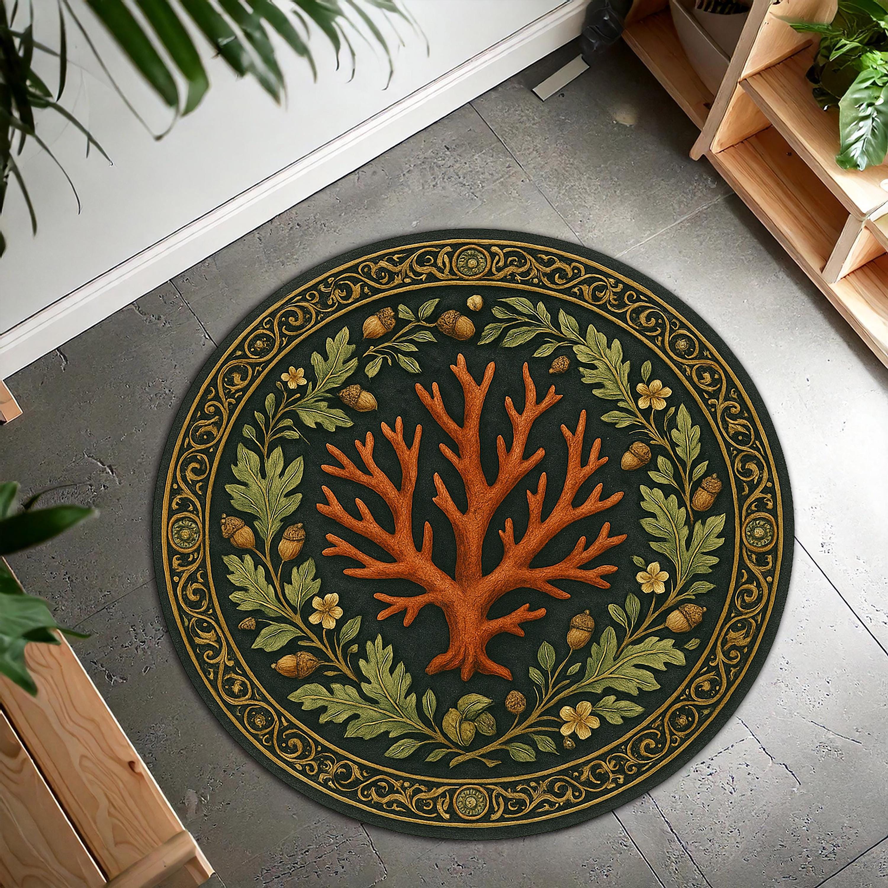 Tree Branch Rugs Oak Tree Branch Round Rug – Botanical Nature Rug With Acorns & Leaves ...