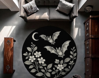 Gothic Bat Round Rug – Black and White Flying Bat Carpet with Flowers and Moon for Halloween, Witchy Decor, Dark Nature or Gothic Interiors