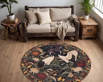 Round Crane Rug, Japanese Bird Decor, Chrysanthemum Ginkgo Circle Carpet, Art Deco Maximalist Rug, Washable Statement Rug for Living Room