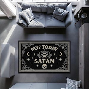 Not Today Satan Rug – Occult All-Seeing Eye Rug, Gothic Skull Carpet, Witchy Dark Humor Area Rug, Black Alt Room Decor