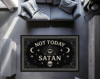 Tappeto Not Today Satan - Tappeto con l'occhio occulto che tutto vede, tappeto con teschio gotico, tappeto con umorismo nero e stregonesco, arredamento per la stanza Alt nero