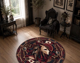 Round Masquerade Rug, Venetian Mask Gothic Decor, Burgundy Victorian Circle Carpet, Dark Academia Maximalist Rug, Washable Floor Art