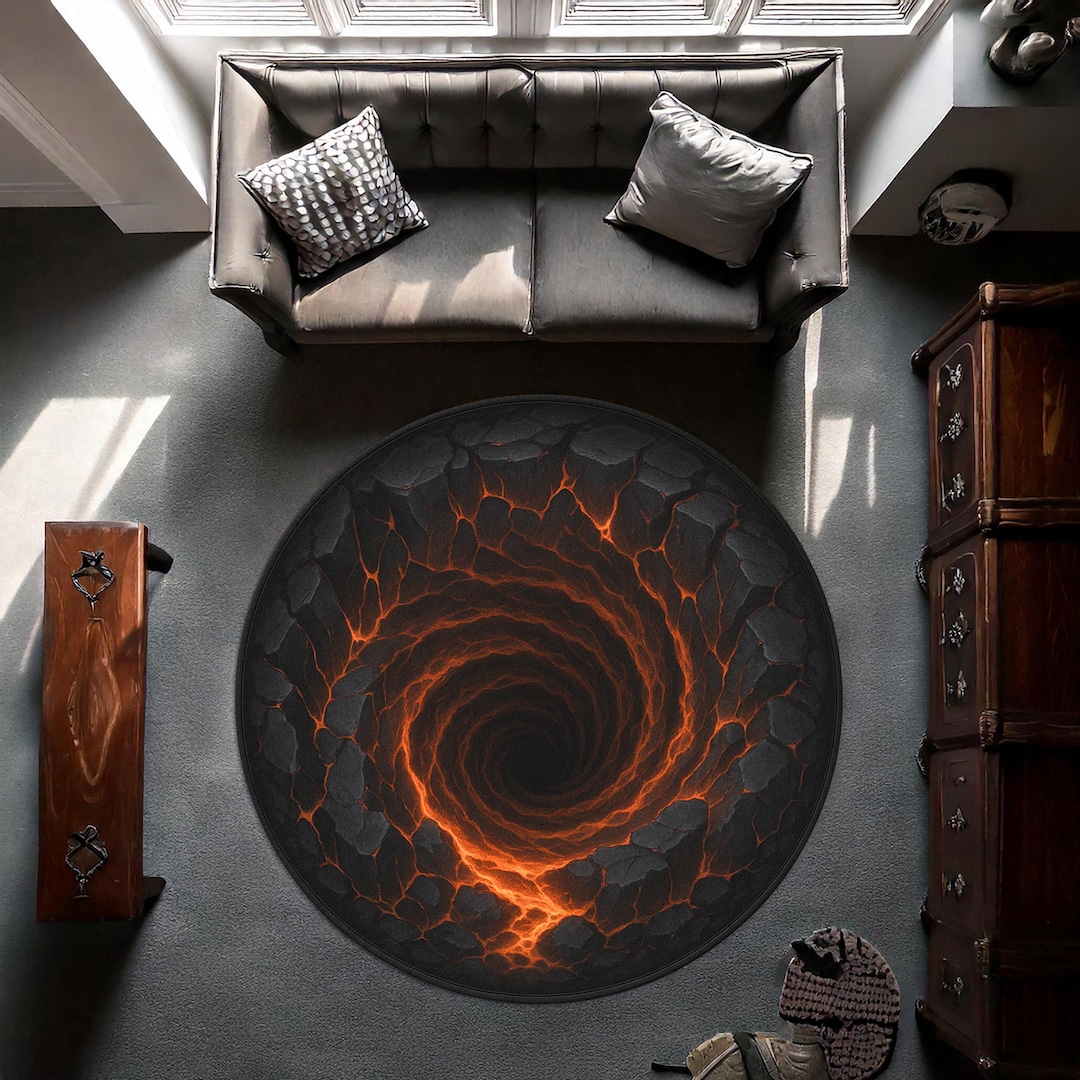 Lava Pit Illusion Round Rug – 3D Volcanic Black and Orange Carpet ...