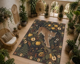 Lynx Botanical Area Rug, Vintage Woodland Quince Design, Dark Academia Animal Rug, Maximalist Forest Decor, Washable Living Room Rug
