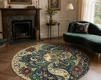 Tappeto rotondo in stile Art Nouveau, tappeto con ritratto di donna e motivi floreali, tappeto circolare botanico, elegante elemento d'arredo di grande impatto.