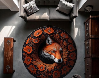 Forest Fox Round Rug, Whimsical Floral Fox Decorative Rug, Vintage Farmhouse Rug, Cottagecore Decor, Woodland Home Decor Gift for Her