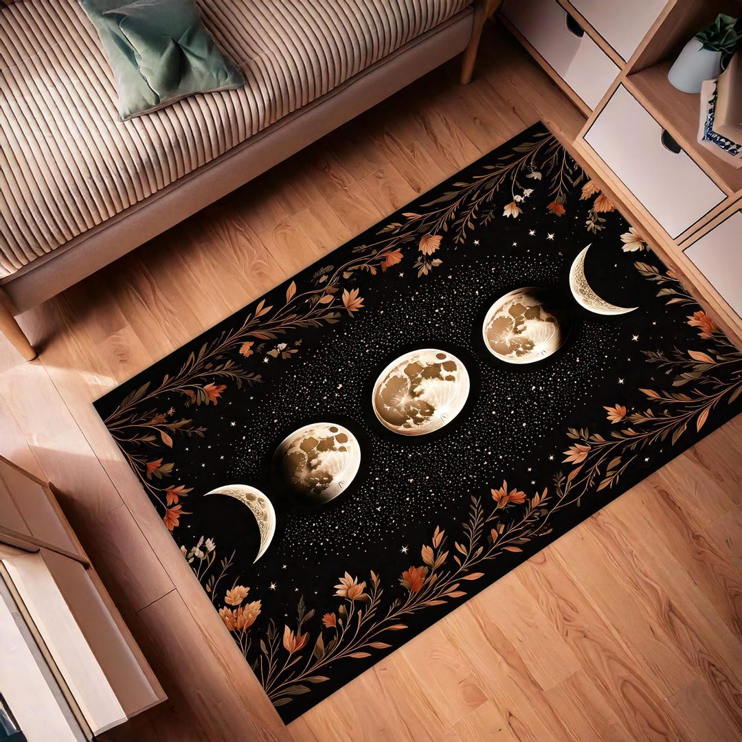 Abstract Moon Rugs Mystic Moon Phase Rug, Floral Theme Rug, Moon Pattern Rug, Night Rug ...