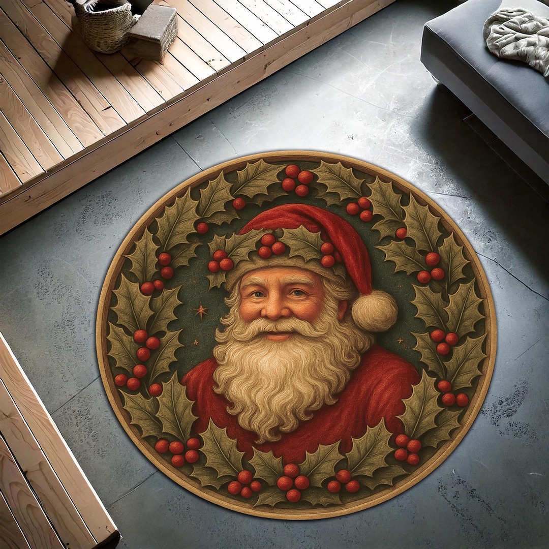 Santa Claus Round Christmas Rug With Holly Wreath, Holiday Festive ...