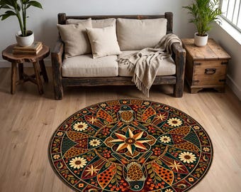 Tappeto rotondo a mosaico con uccelli, tappeto floreale mandala, tappeto circolare botanico, decorazione per la casa ispirata alla natura