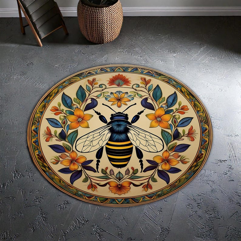 Floral Bee Rug, Honey Bee Rug, Bee Themed Round Rug, Boho Rug ...