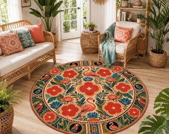 Tappeto rotondo con fenicotteri, tappeto da giardino botanico, tappeto circolare con motivi floreali tropicali, decorazione per la casa a tema natura.