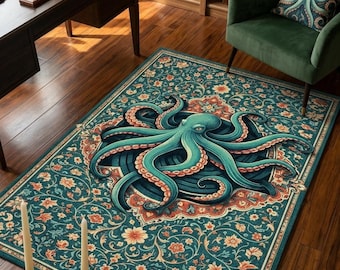 Tappeto floreale con polpo, tappeto nautico vintage, tappeto decorativo con vita marina, tappeto ispirato all'oceano, arredamento per la casa in stile boho costiero