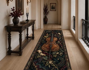 Cello Runner Rug, Vintage Music Hallway Carpet, Dark Academia Botanical Runner, Maximalist Instrument Decor, Washable Long Narrow Rug