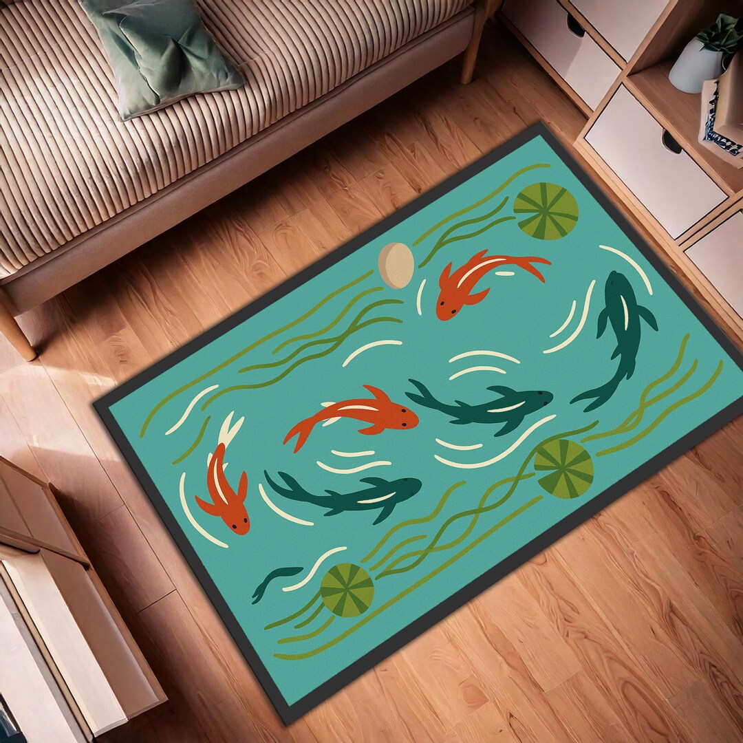 Pond Colors Rug Koi Fish Pond Rug – Aqua Blue Water Carpet With Orange and Green Fish ...