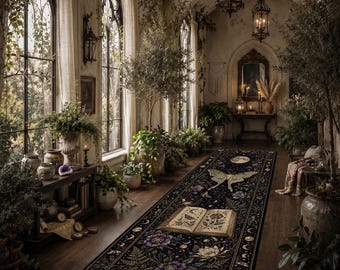 Luna Moth Runner Rug, Celestial Moon Botanical Book Runner, Purple Gothic Floral Hallway Rug, Witchy Dark Academia Decor, Statement Runner