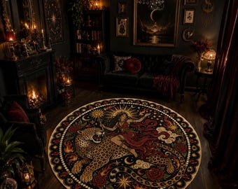 Tappeto rotondo con cacciatrice celeste, tappeto con dea leopardo, tappeto circolare a tema mitologia, arredamento gotico boho per la casa.