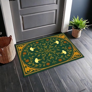 Retro Green Floral Rug – Dark Botanical Area Carpet with Golden Flowers, Antique Style Decorative Rug for Living Room