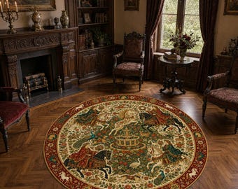 Tappeto rotondo con arazzo unicorno, tappeto fantasy medievale, tappeto circolare da giardino con castello, decorazione a tema fiabesco