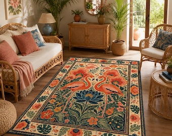 Tappeto botanico con fenicotteri, tappeto floreale tropicale, tappeto rosa con uccelli, decorazione ispirata al giardino, tappeto per soggiorno ispirato alla natura.