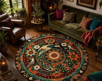 Tappeto rotondo con mandala di pavone, tappeto botanico con uccelli, tappeto ornamentale circolare, tappeto decorativo in stile boho.