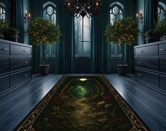 Vloerkleed betoverd bos – mystiek pad met maanlichtgloed – fantasievloertapijt voor gothic- en bohodecor