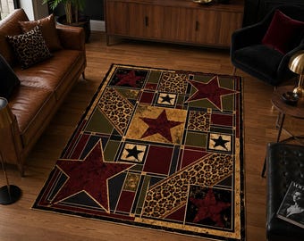 Tappeto rustico a stelle, tappeto western patchwork, tappeto geometrico a stelle, arredamento in stile rustico, tappeto in stile country