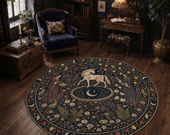 Tappeto rotondo con luna e unicorno, tappeto da sogno celeste, tappeto botanico circolare, decorazione mistica per la casa.