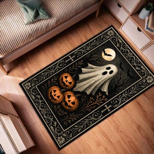 Halloween Ghost Rug – Spooky Pumpkin Carpet, Gothic Haunted House Decor, Jack-o&#39;-Lantern Floor Mat, Black Orange Fall Area Rug