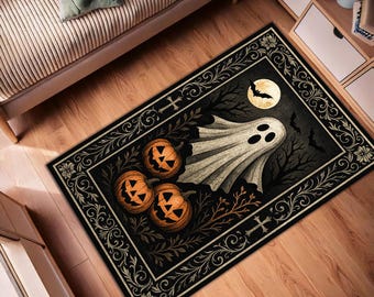 Halloween Ghost Rug – Spooky Pumpkin Carpet, Gothic Haunted House Decor, Jack-o'-Lantern Floor Mat, Black Orange Fall Area Rug