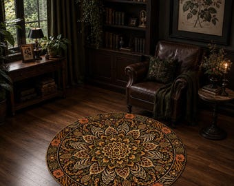 Tappeto rotondo con mandala botanico, tappeto floreale a tema natura, tappeto decorativo circolare, elegante complemento d'arredo.