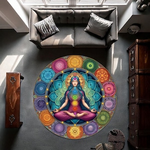 Op de afbeelding: Een ronde yogamat met een mediterende figuur omringd door chakra-symbolen. De mat heeft een gedetailleerd mandala-ontwerp met levendige kleuren blauw, paars, oranje en groen. De afbeelding is vanuit een bovenaanzicht genomen.